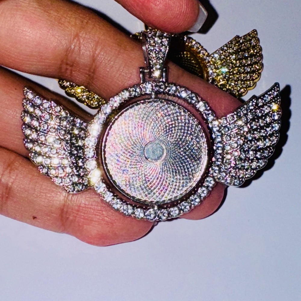 Photo Keepsake Spinning Winged Pendant • Sparkling Crystals Memory Picture Charm - Picture 4 of 6
